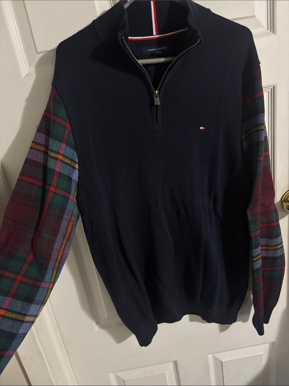 Tommy Hilfiger Navy Quarter-Zip Sweater with Multicolor Plaid Sleeves